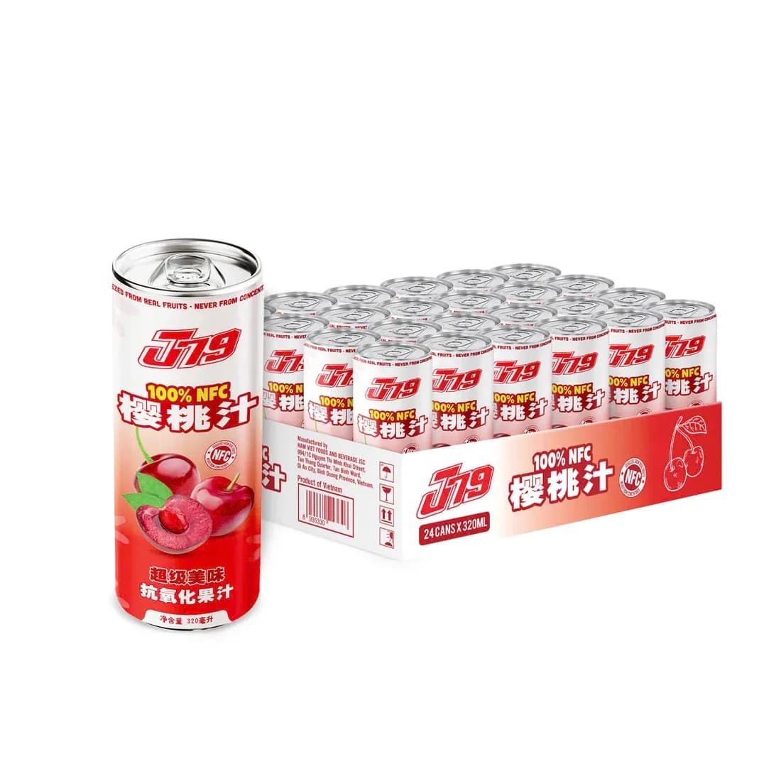 J79 100% NFC Cherry Juice Box of 24 320ml Cans — original product packaging