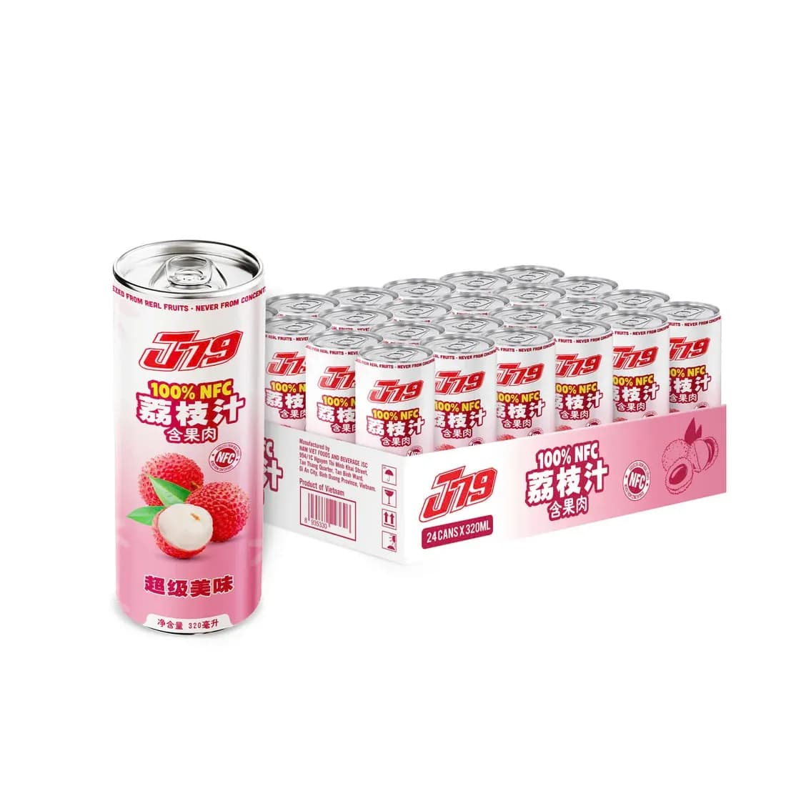 J79 100% NFC Lychee Juice Box of 24 320ml Cans — original product packaging