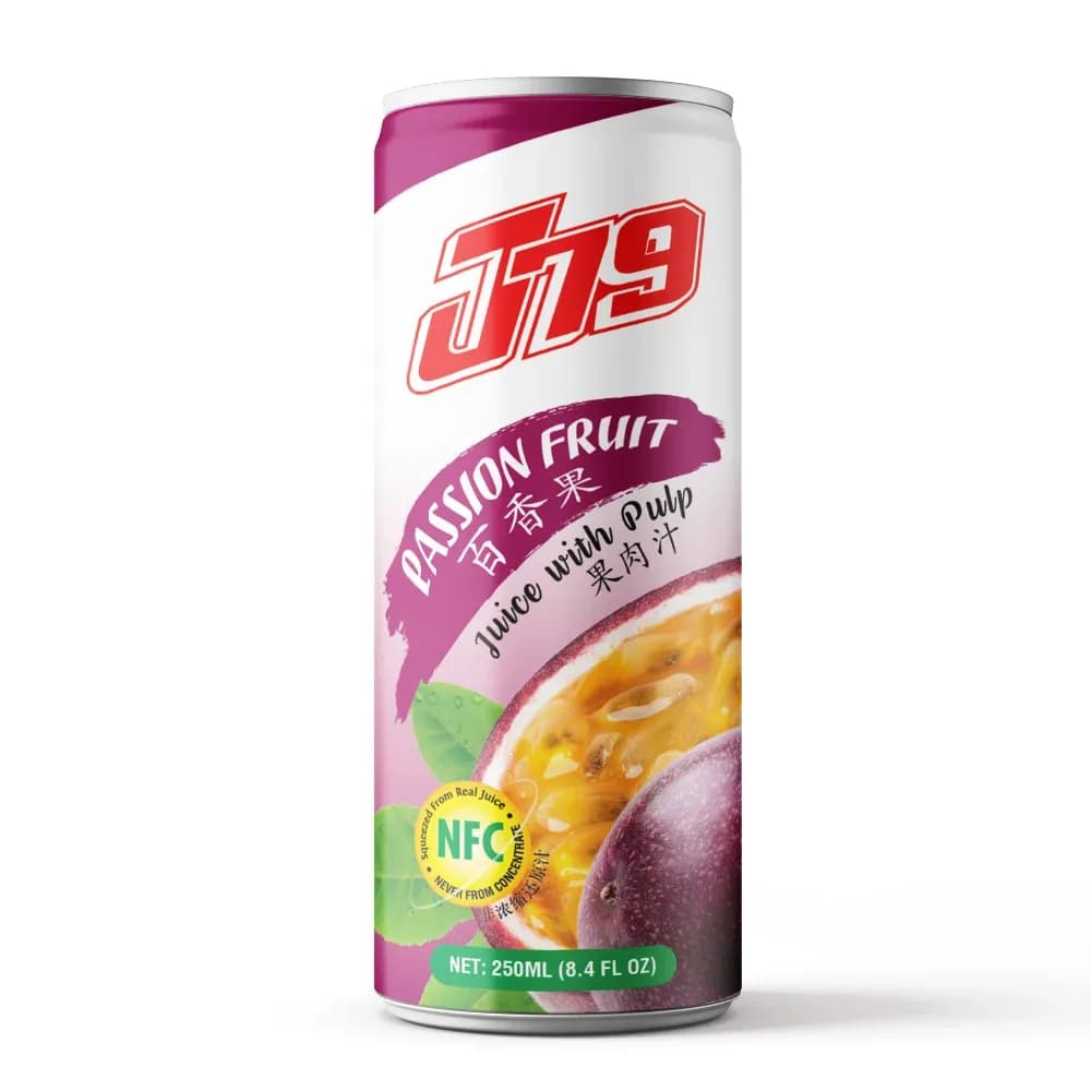 250ml Passion fruit juice drink with Plup J79 — original product packaging