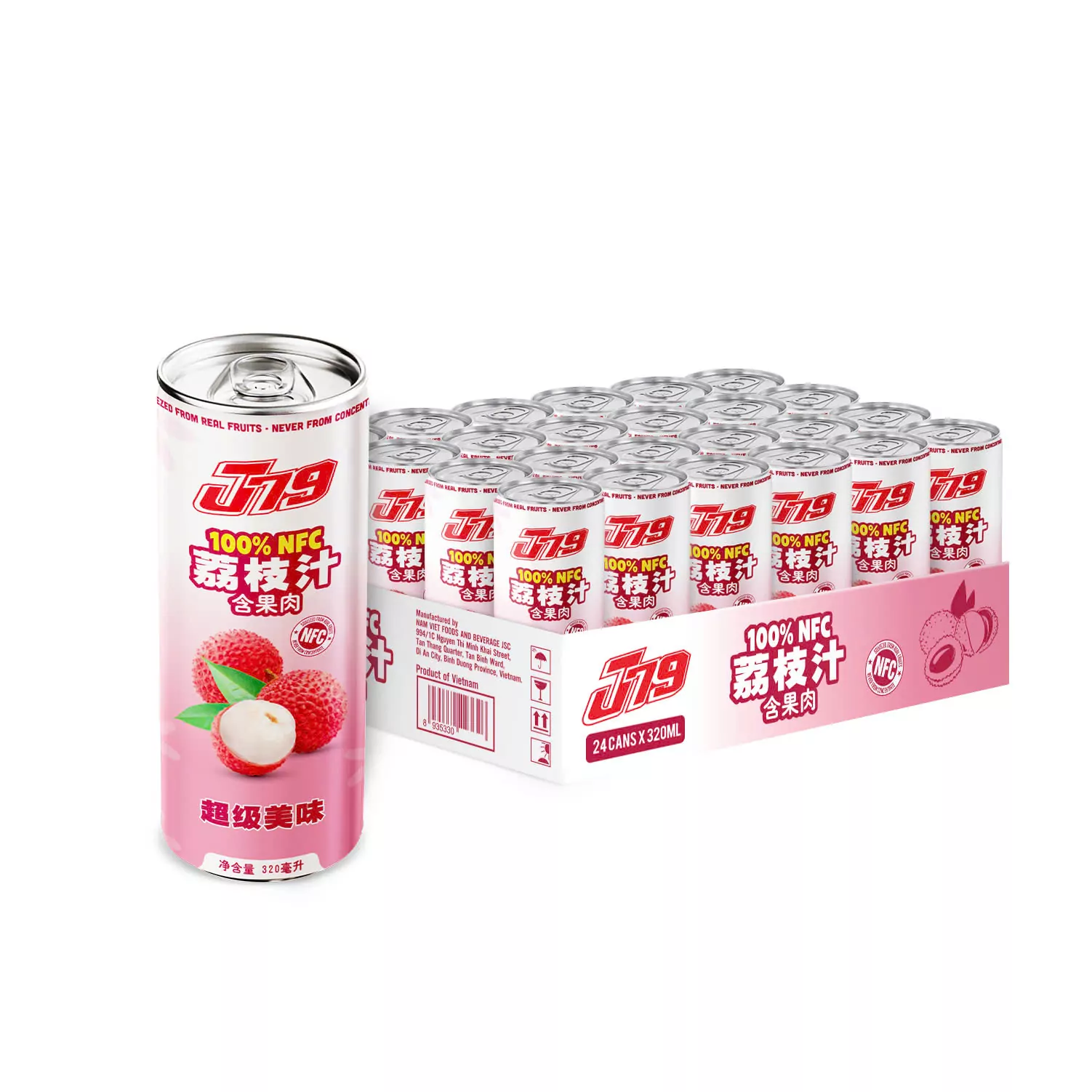 J79 - 100% NFC Lychee Juice Box of 24, 320ml Cans